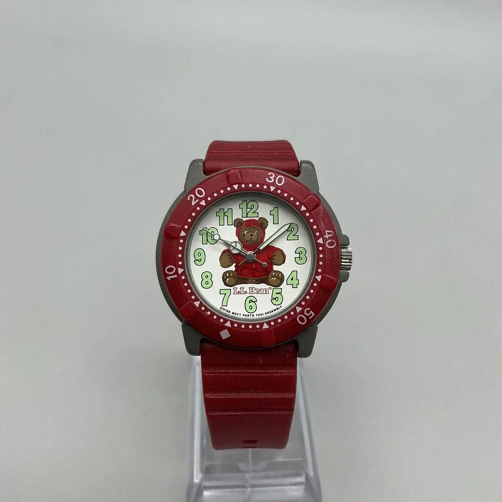 L.L. Bean Bear Women Watch 36mm White Dial Gray Red Rubber Band New Battery